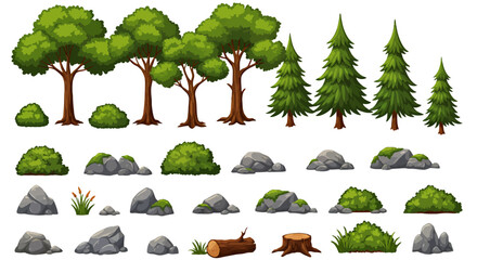 A collection of illustrated trees, bushes, and rocks, perfect for creating digital forest scenes, available as a vector graphic and PNG file for versatile design applications.