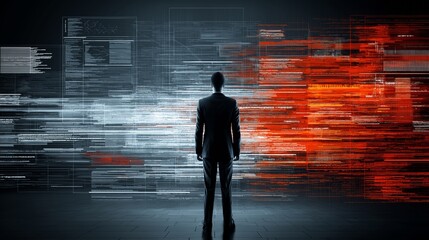 A Man in a Suit Stands Before a Digital Backdrop of Dynamic Data Streams and Patterns Signifying Technology and Information Flow