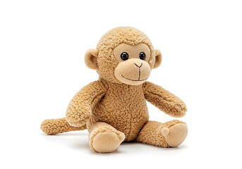 Adorable plush monkey toy sitting on a plain white backdrop, perfect for showcasing childhood comfort and companionship.