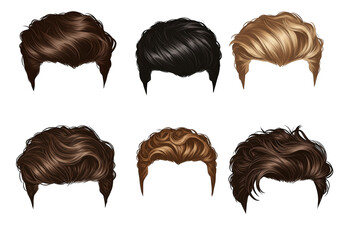 Diverse hairstyles collection showcasing different colors, lengths, and textures for various male looks and fashion inspiration
