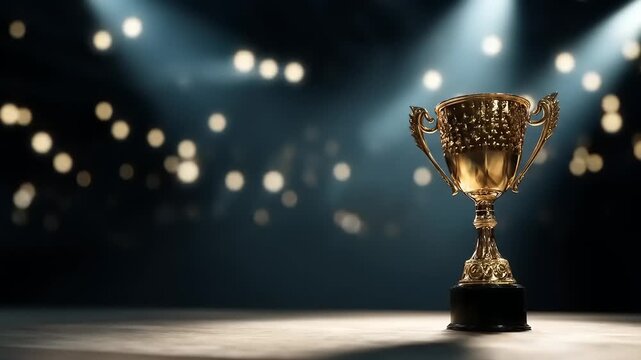 Golden trophy cup illuminated against blurred lights background
