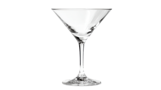 Empty clear glass martini cocktail stemware for drinks, alcohol beverages, or party celebration designs on transparent background