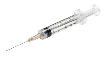 Syringe and needle preparing for injection, medical treatment, vaccination, or drug administration on transparent background
