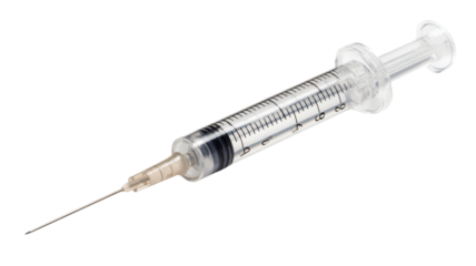Syringe and needle preparing for injection, medical treatment, vaccination, or drug administration on transparent background