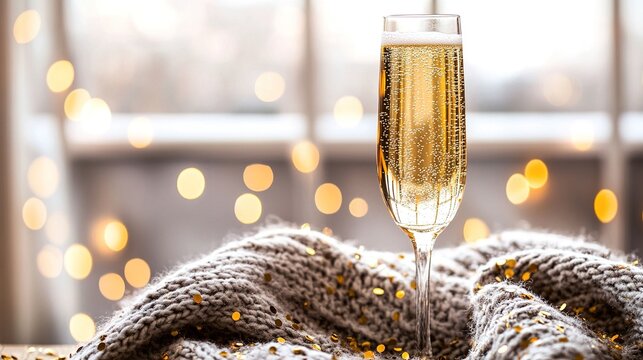 dcf. A champagne flute with golden bubbles on a wooden table beside a cozy blanket and festive confetti. bar promotions, beverage menus, designed for food & beverage menus and cafe branding.
