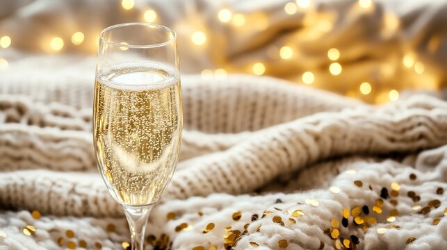dcf. A champagne flute with golden bubbles on a wooden table beside a cozy blanket and festive confetti. bar promotions, beverage menus, designed for food & beverage menus and cafe branding.