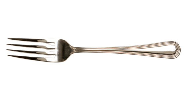 Steel dinner fork providing an essential piece of cutlery for eating and serving food, presenting clean utensil for restaurant or home