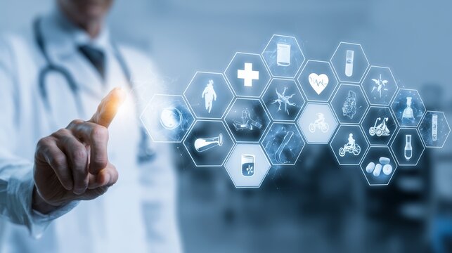 A Healthcare Professional Interacting with Digital Health Technology and Icons for Enhanced Patient Care Solutions