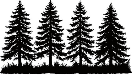 Obraz premium A simple vector illustration of evergreen trees in a row, with a silhouette style and transparent background, ideal for nature-themed designs and winter projects.