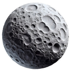 A spherical object resembling the moon with clear three-dimensional details, filled with deep craters and realistic shadows. An artistic design showcasing a fictional lunar surface with fine texture a