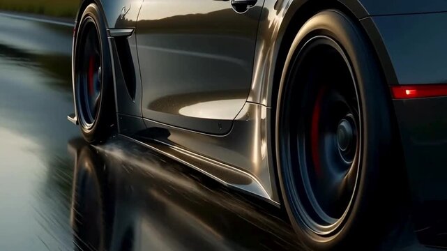 Sleek sports car driving on wet asphalt road capturing dynamic motion and modern automotive design with cinematic car footage