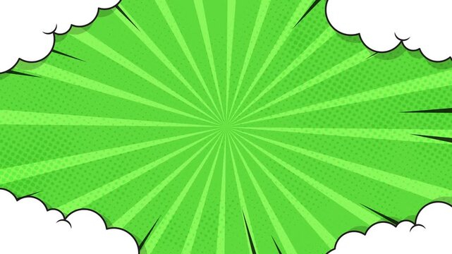 Dynamic retro pop comic animation background with radial burst and dotted texture, featuring playful cartoon clouds. Perfect for fun intros, kids content, and nostalgic comic style projects