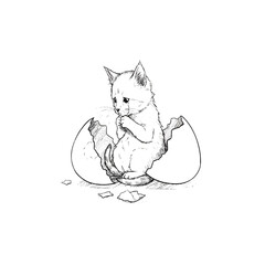 Adorable Kitten Hatching from an Egg in a Whimsical Drawing.