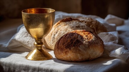 Golden Chalice And Bread Loaves On A White Cloth With Dramatic Lighting