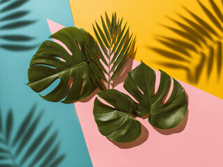 Diagonal arrangement palm and monstera leaves on pastel backgrounds realistic photography