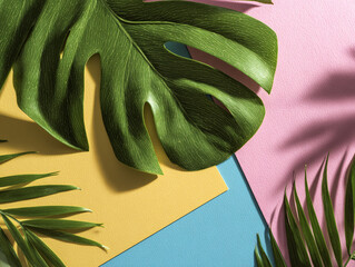 Monstera and palm leaves on pastel geometric background top view realistic style