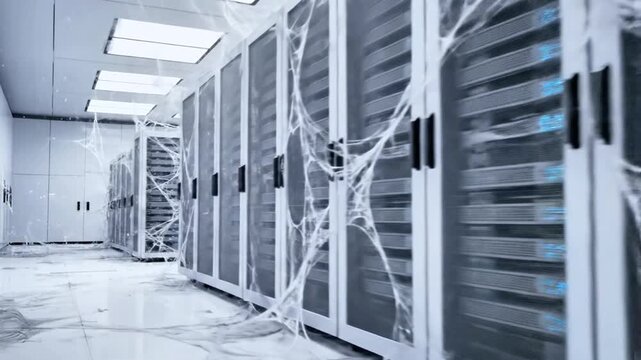 A deserted server room with rows of data racks covered in cobwebs, highlighting abandonment