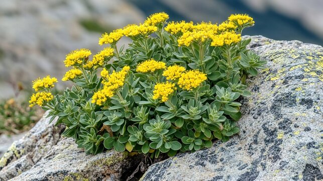 rhodiola. Rhodiola plants with yellow flowers growing from a crack in high-altitude granite. gardening catalogs, home-decor guides, designed for gardening and botanical catalogs.