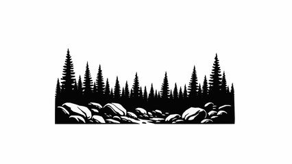 Monochrome Forest Landscape with Rocks and Evergreen Trees.