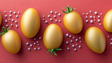 A top-down shot showcases a collection of yellow tomatoes and small white objects scattered on a vibrant red surface. The arrangement creates a visually appeali