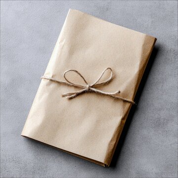 A wrapped package made of brown paper is tied with twine and a bow, placed on a gray surface. The shot is from a top-down perspective.