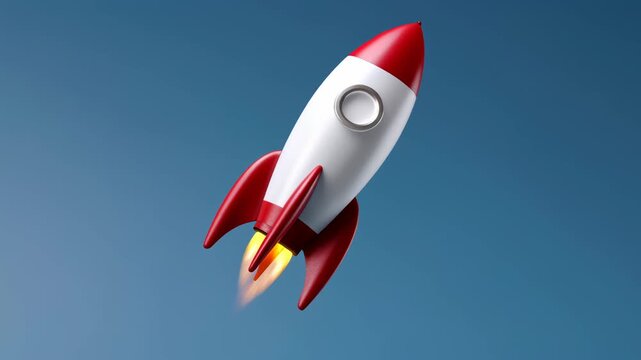 Retro red and white rocket ship spacecraft launch with flame and smoke against bright blue sky conveying playful motion and adventure