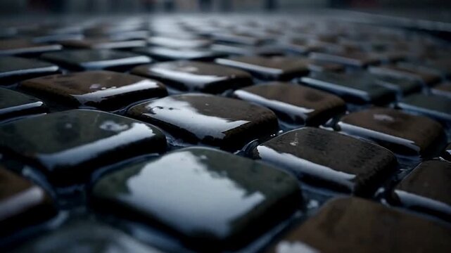 Rainy city pavement reflecting urban scene and raindrops creating water puddles on cobblestone street in slow motion at cloudy weather