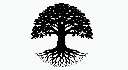 A majestic tree with a full canopy and intricate root system is presented as a clean, minimalist vector graphic, ideal for design projects and branding.