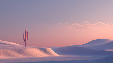 Pastel desert landscape featuring a single pink cactus at sunset against a soft sky.


