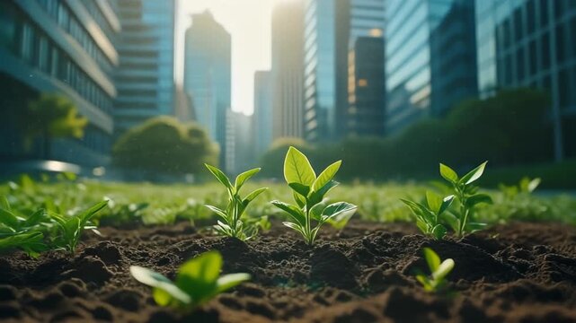 Fresh green saplings emerge from fertile soil, a symbol of sustainable growth and harmony against a sunlit urban cityscape