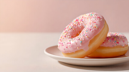 Pink glazed donut with colorful sprinkles placed on a small white plate, close up.
