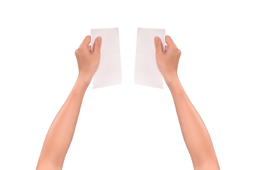 Hand holding a long blank shopping receipt paper isolated on a transparent PNG.