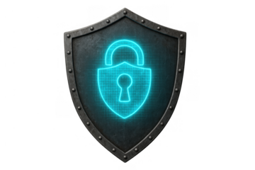 Digital shield securing private data with glowing neon lock, symbolizing cyber protection and online security strategy