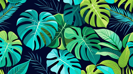 A vibrant, digitally crafted vector illustration showcases a lush arrangement of tropical leaves, presented in a seamless pattern, perfect for various design applications and projects.