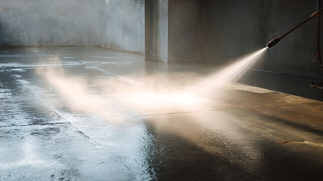 Powerful high-pressure washer spraying water onto a wet concrete floor, creating mist.

