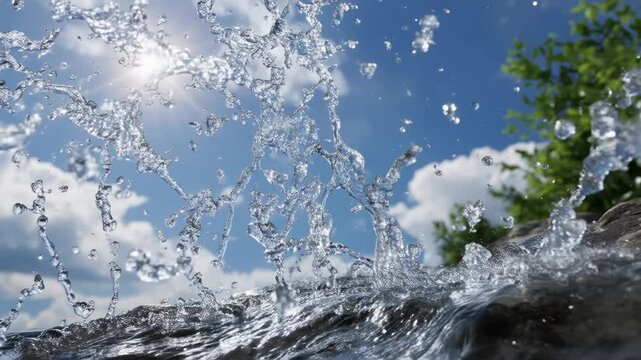 Sparkling sunlight water splash sky cloud summer freshness sunlight water splash blue sky sunburst cloud greenery summer freshness sunlight water