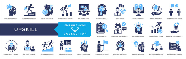 Upskills Glyph Color Icon Collection.  professional growth, online training, technical skills, soft skills, digital literacy, time management