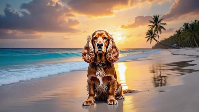 A cocker spaniel sitting on a beach with palm trees at sunset looking directly at the viewer dog video