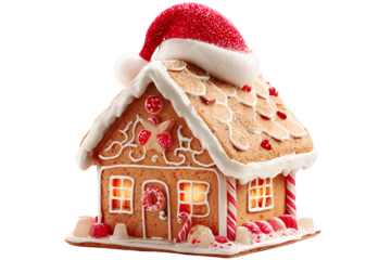 Festive illuminated gingerbread house with santa hat isolated on transparent background