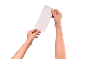 Hand holding a long blank shopping receipt paper isolated on a transparent PNG.