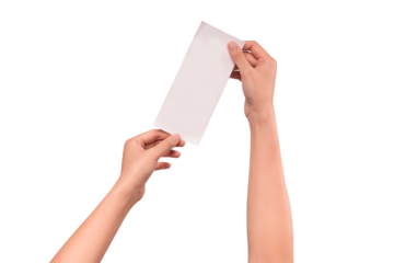 Hand holding a long blank shopping receipt paper isolated on a transparent PNG.