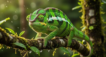 Vibrant Green Chameleon Perched on Mossy Branch, Rainforest Habitat, Close-up.
