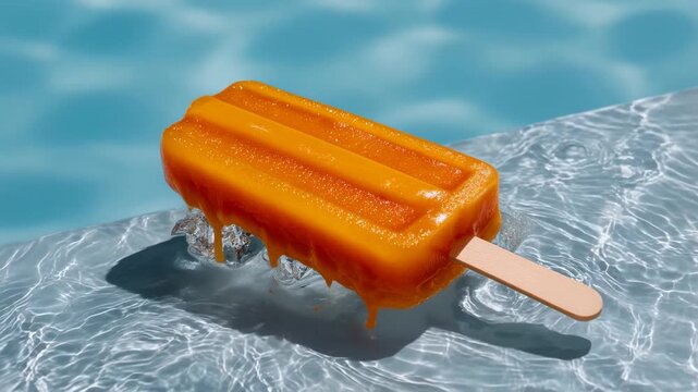 Orange popsicle melting on pool edge summer refreshing frozen treat bright sunshine sticky drip clear water reflection tropical freshness sunlit scene