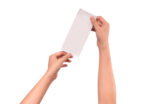 Hand holding a long blank shopping receipt paper isolated on a transparent PNG.