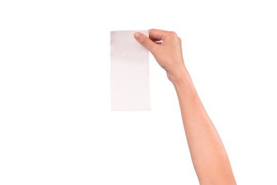 Hand holding a long blank shopping receipt paper isolated on a transparent PNG.