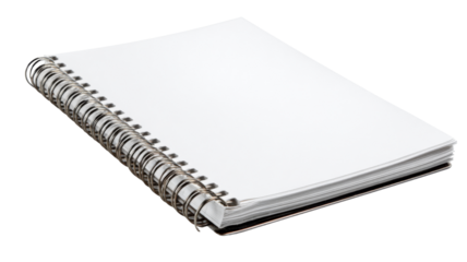 Blank white spiral bound notebook with empty pages for notes, ideas, planning, and education, transparent background