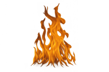 Fiery flames burning creating heat and light, showing active combustion. Transparent background for easy layering