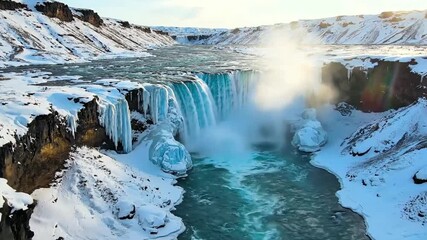 Godafoss waterfall in iceland covered in snow and ice - Powered by Adobe
