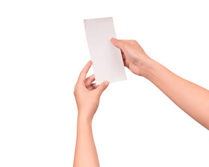 Hand holding a long blank shopping receipt paper isolated on a transparent PNG.