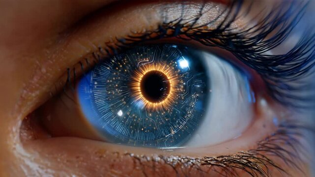 A close-up view of an eye with a captivating celestial design. The iris features a mesmerizing cosmic pattern with sparkling details, and long, curved eyelashes frame the eye